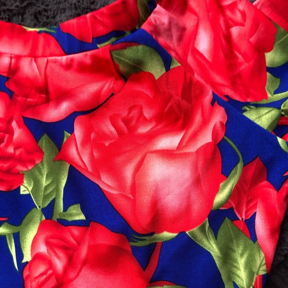 Playful Off The Shoulder Fitted Floral Red Roses Blue Midi Dress Size Large - Picture 7 of 11
